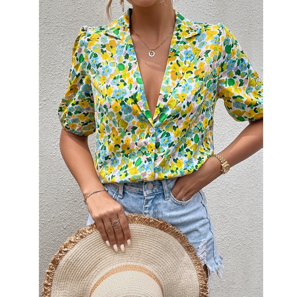 Floral Yellow Green Blue Button Down Puff Sleeve Shirt Lapel V-Neck - Picture 3 of 8